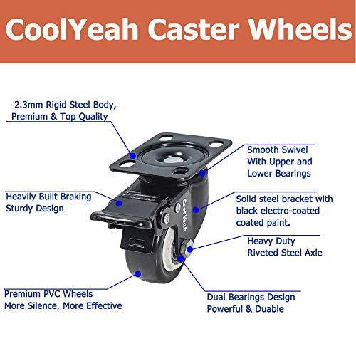 CoolYeah 2 inch Swivel Plate PVC Caster Wheels, Premium Casters (Pack of 8, 4 with Brake & 4 Without) CoolYeah Garage organization & Caster wheels 