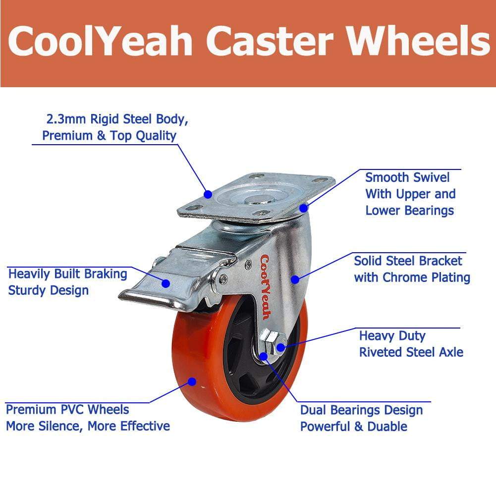 CoolYeah 4-Zoll-PVC-Räder mit drehbarer Plattenrolle, industrielle Premium-Hochleistungsrollen (4er-Pack, 2er mit und ohne Bremse) CoolYeah-Garagenorganisation