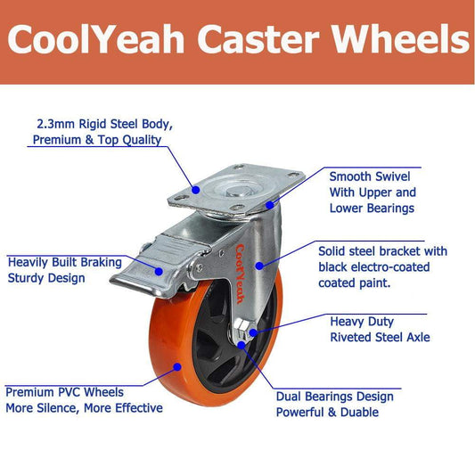 CoolYeah 5 inch Swivel Plate Caster PVC Wheels, Industrial, Premium Heavy Duty Casters (Pack of 4, 2 with Brake & 2 Without) CoolYeah Garage organization 