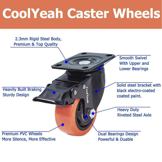 CoolYeah 3 inch Swivel Plate Caster PVC Wheels, Industrial, Premium Heavy Duty Casters (Pack of 4, 2 with Brake & 2 Without) CoolYeah Garage organization 